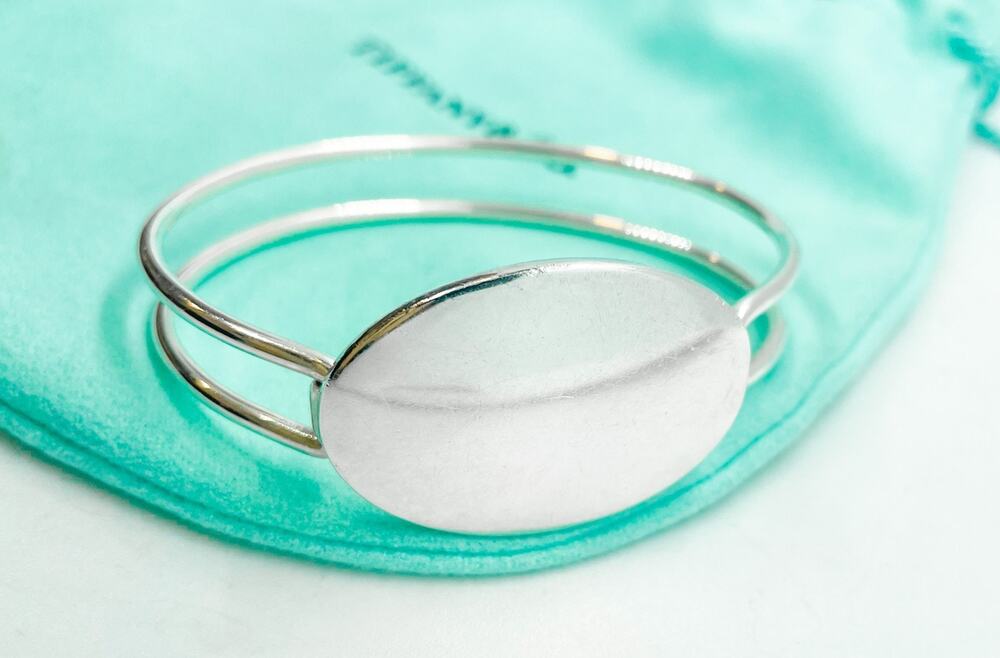 Tiffany & Co. Vintage Oval ID Tag Double Wire Bangle Bracelet 6.25" w/ Pouch